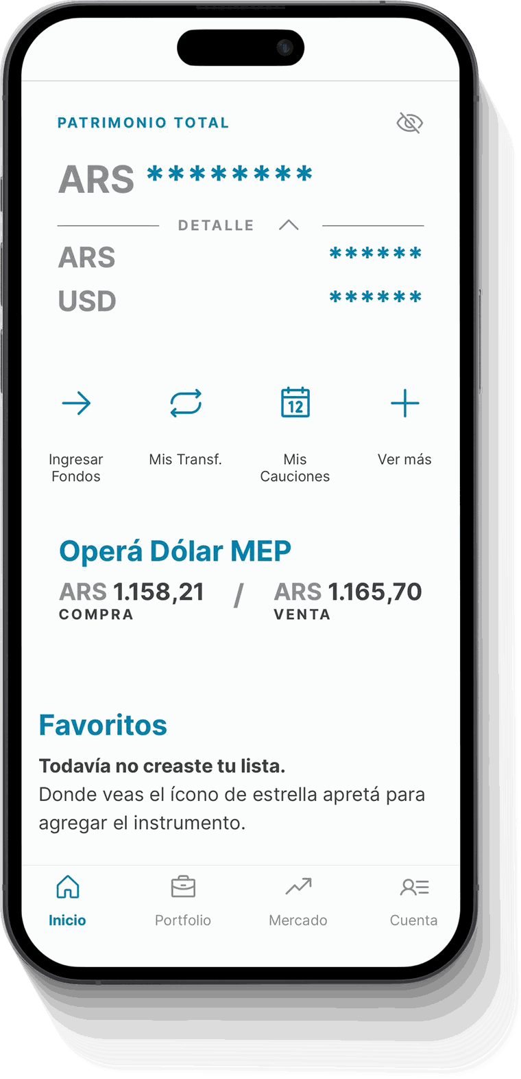 App de Alfy Inversiones mostrando el patrimonio y la cotización del Dólar MEP