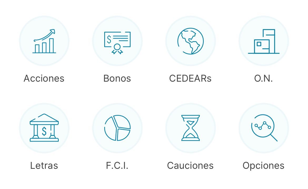 Productos disponibles: acciones, bonos, CEDEARs, ONs, letras, FCI, cauciones y opciones